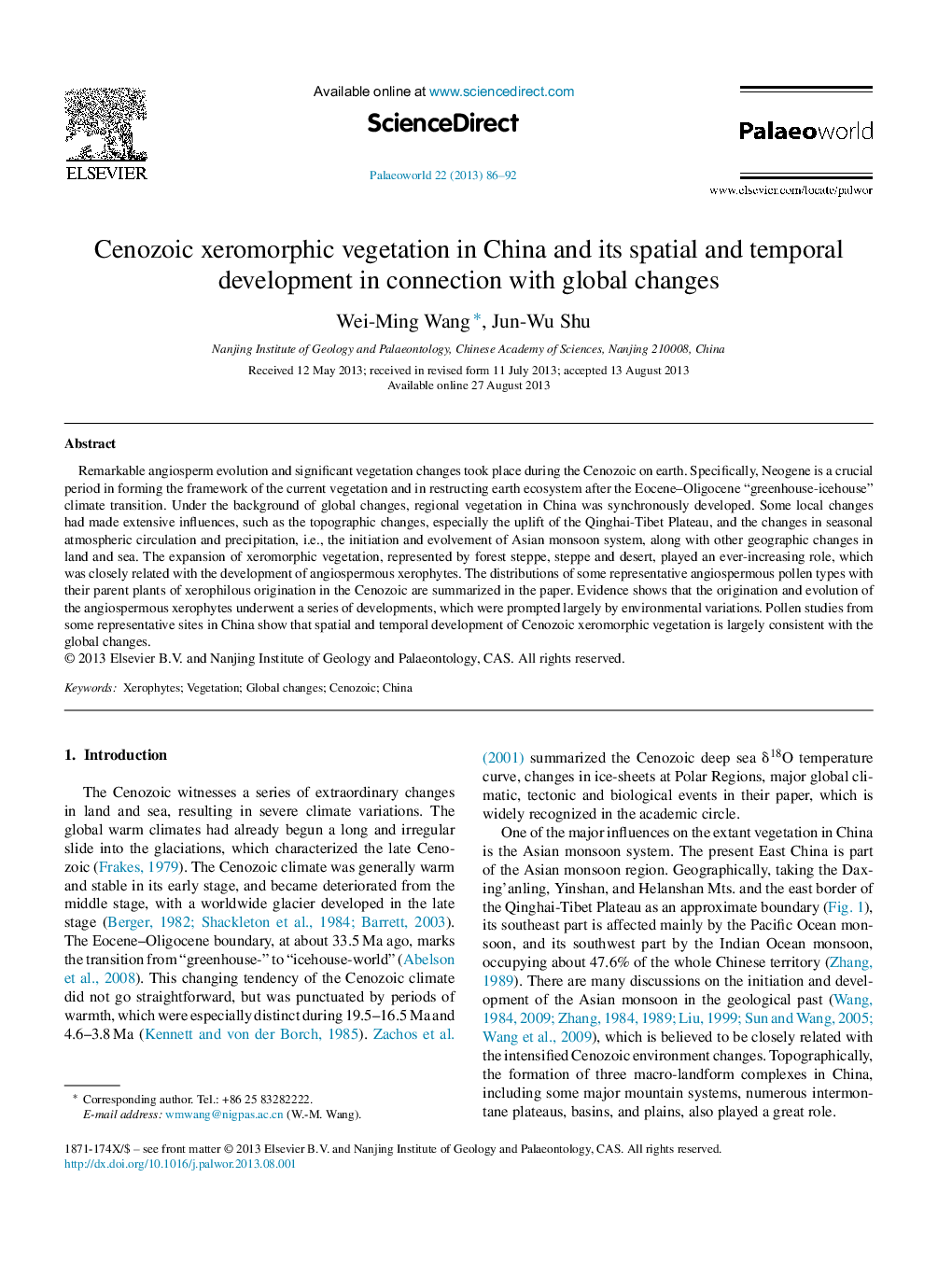 Cenozoic xeromorphic vegetation in China and its spatial and temporal development in connection with global changes