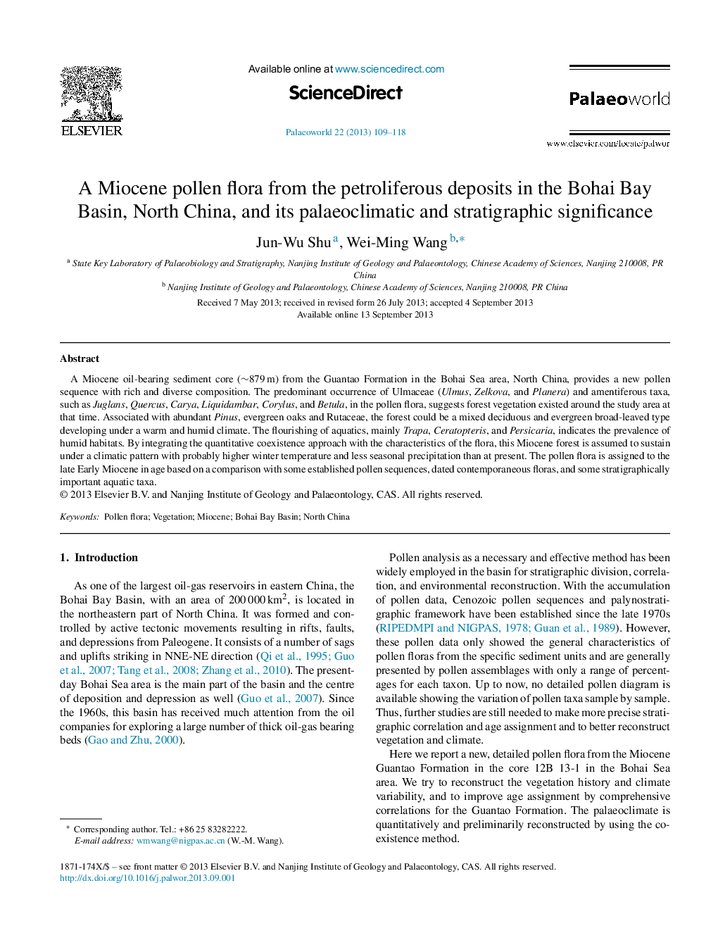 A Miocene pollen flora from the petroliferous deposits in the Bohai Bay Basin, North China, and its palaeoclimatic and stratigraphic significance