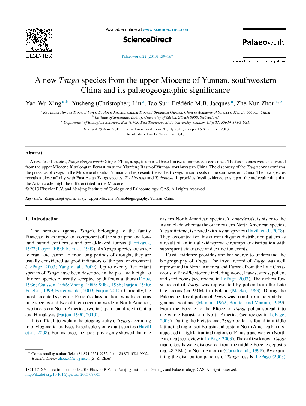 A new Tsuga species from the upper Miocene of Yunnan, southwestern China and its palaeogeographic significance