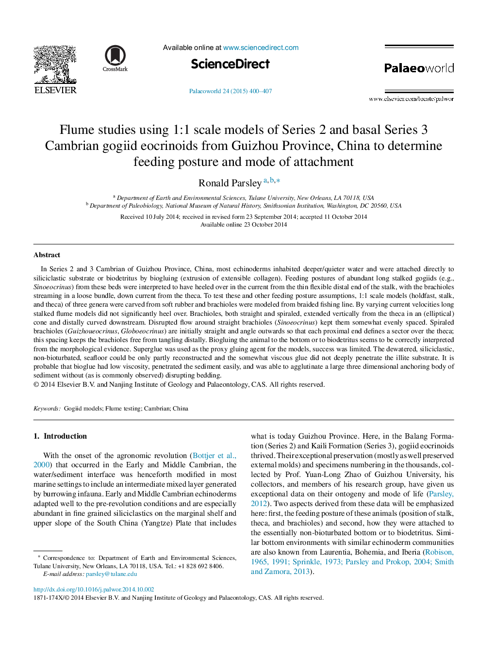 Flume studies using 1:1 scale models of Series 2 and basal Series 3 Cambrian gogiid eocrinoids from Guizhou Province, China to determine feeding posture and mode of attachment