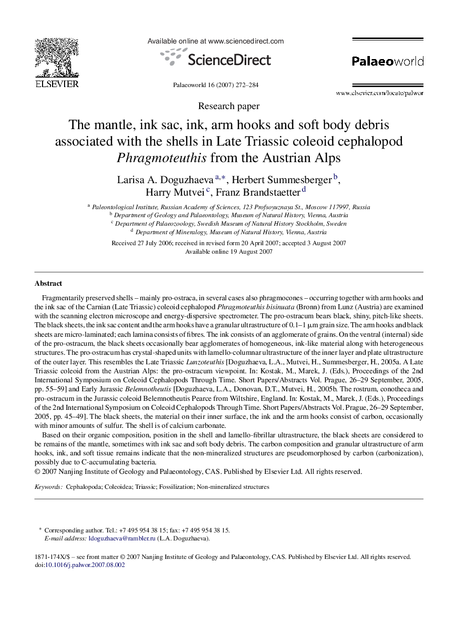 The mantle, ink sac, ink, arm hooks and soft body debris associated with the shells in Late Triassic coleoid cephalopod Phragmoteuthis from the Austrian Alps