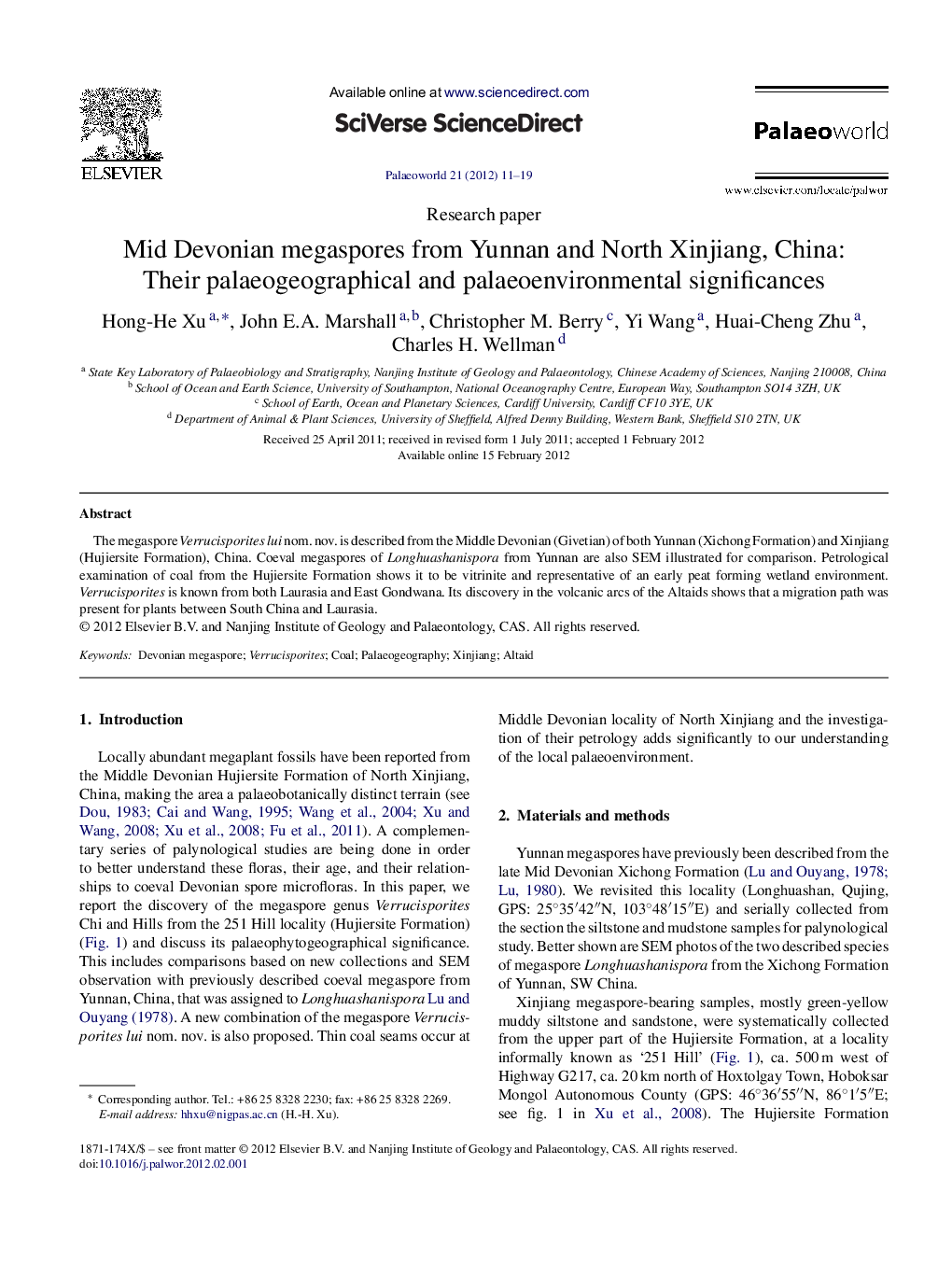 Mid Devonian megaspores from Yunnan and North Xinjiang, China: Their palaeogeographical and palaeoenvironmental significances