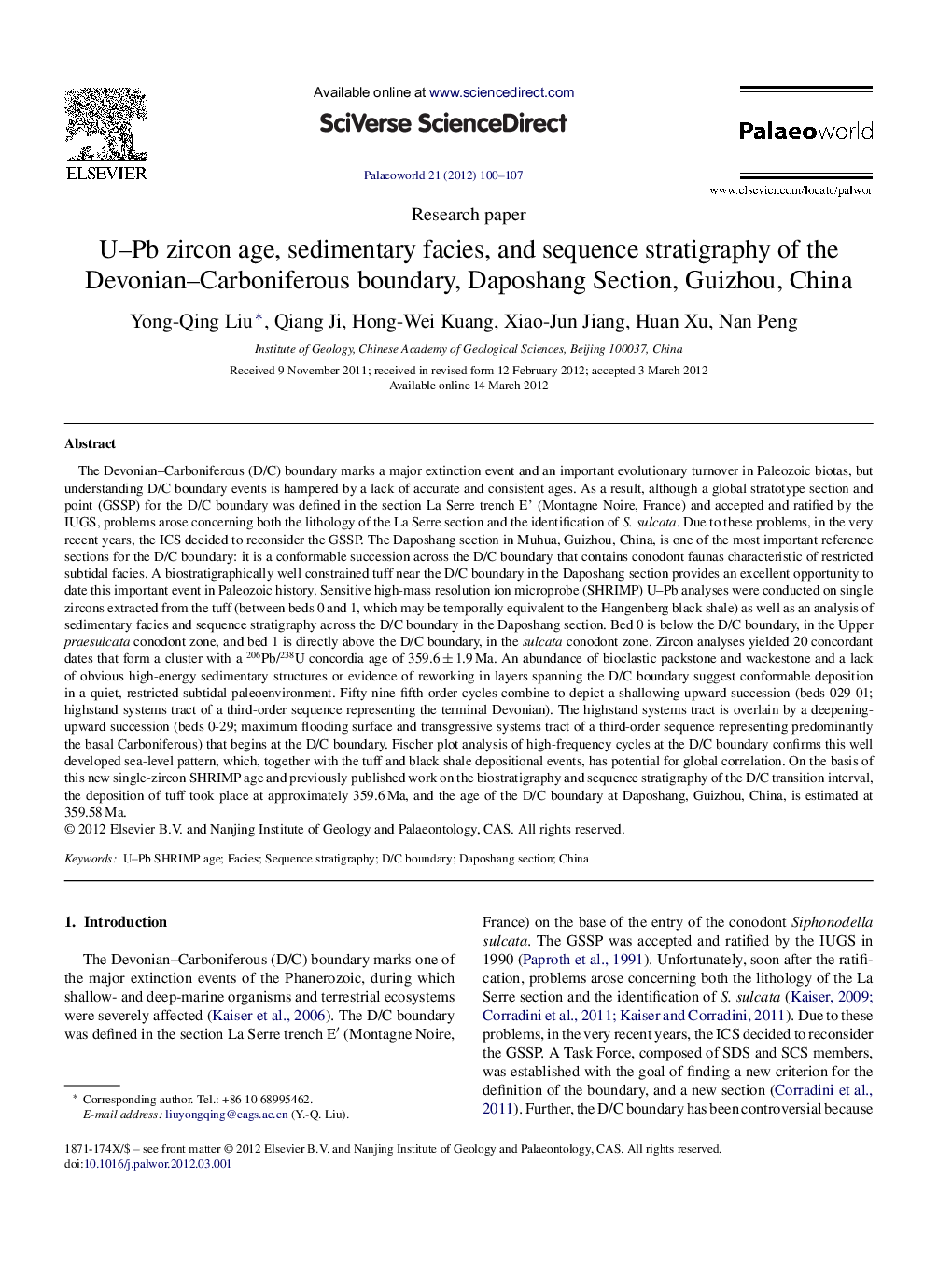 U–Pb zircon age, sedimentary facies, and sequence stratigraphy of the Devonian–Carboniferous boundary, Daposhang Section, Guizhou, China