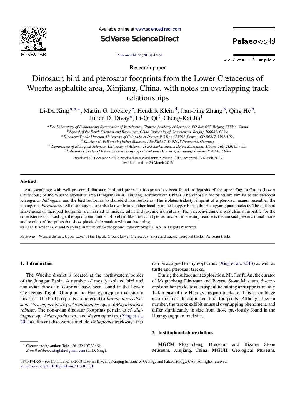 Dinosaur, bird and pterosaur footprints from the Lower Cretaceous of Wuerhe asphaltite area, Xinjiang, China, with notes on overlapping track relationships