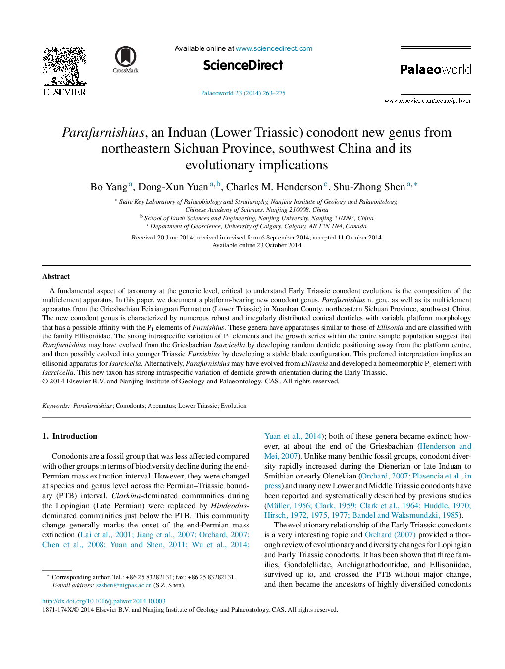 Parafurnishius, an Induan (Lower Triassic) conodont new genus from northeastern Sichuan Province, southwest China and its evolutionary implications