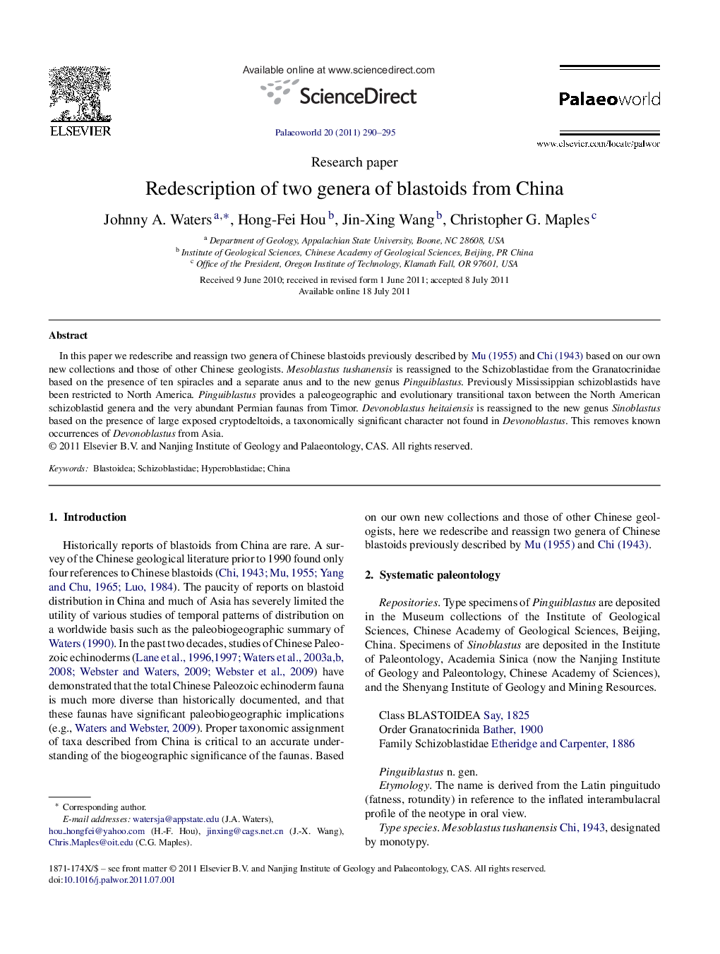 Redescription of two genera of blastoids from China