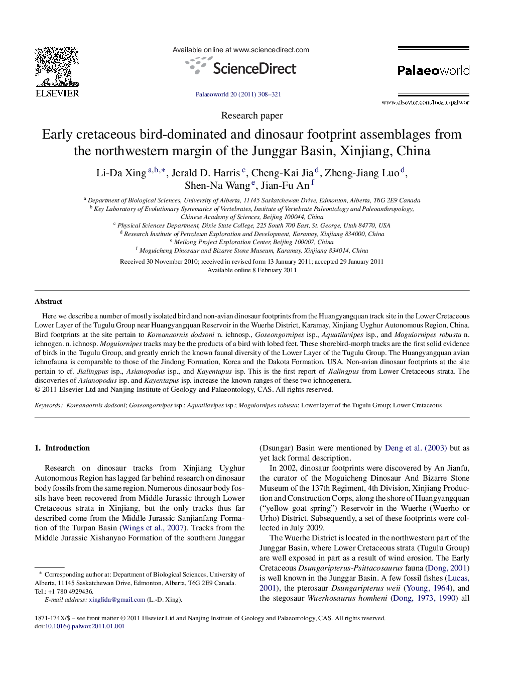 Early cretaceous bird-dominated and dinosaur footprint assemblages from the northwestern margin of the Junggar Basin, Xinjiang, China