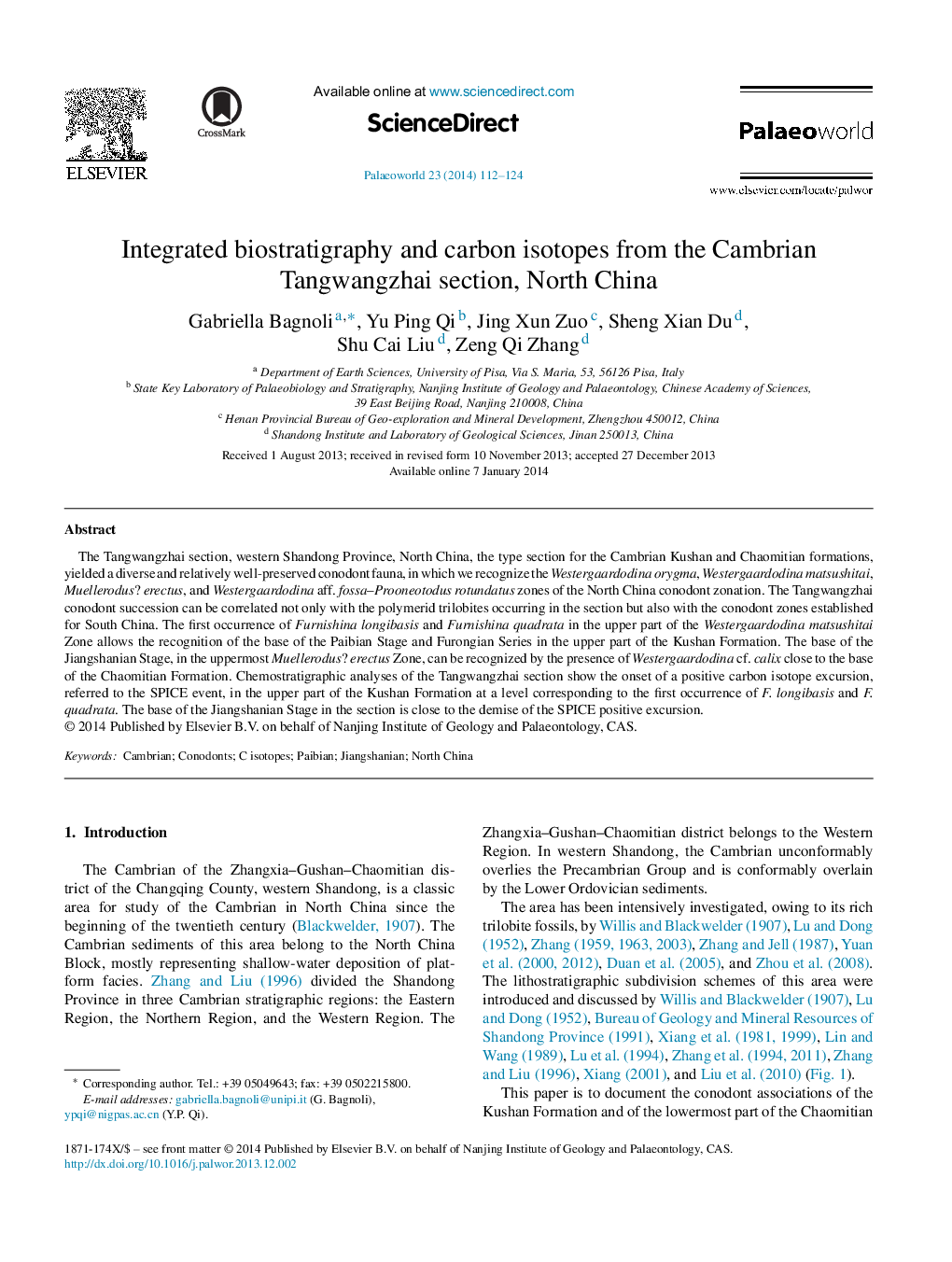 Integrated biostratigraphy and carbon isotopes from the Cambrian Tangwangzhai section, North China