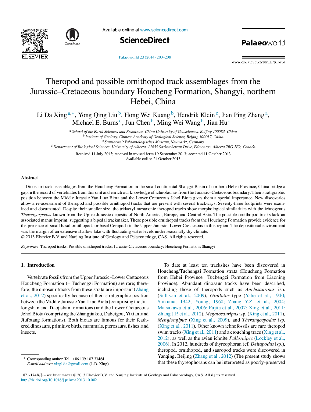 Theropod and possible ornithopod track assemblages from the Jurassic–Cretaceous boundary Houcheng Formation, Shangyi, northern Hebei, China