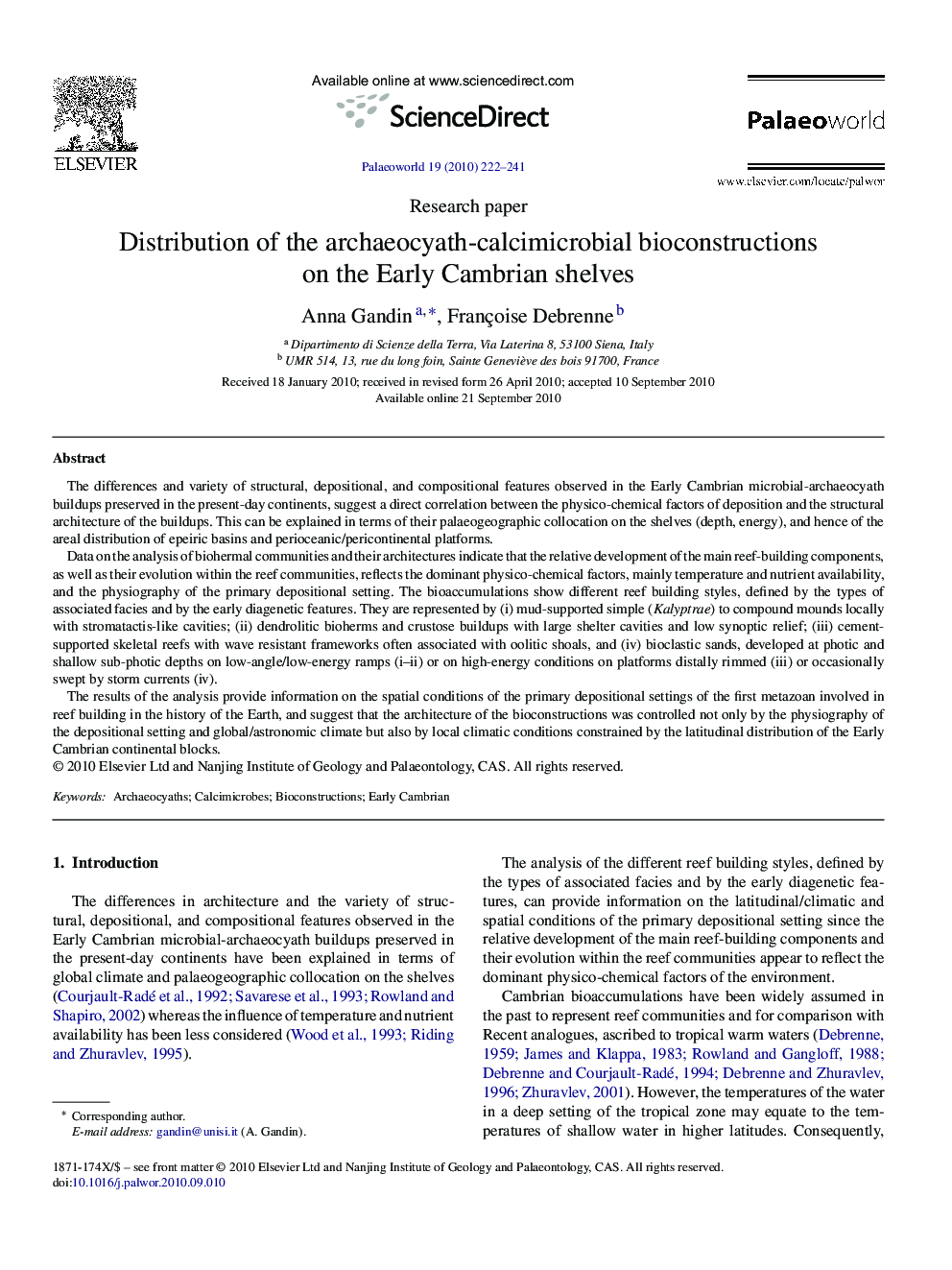 Distribution of the archaeocyath-calcimicrobial bioconstructions on the Early Cambrian shelves