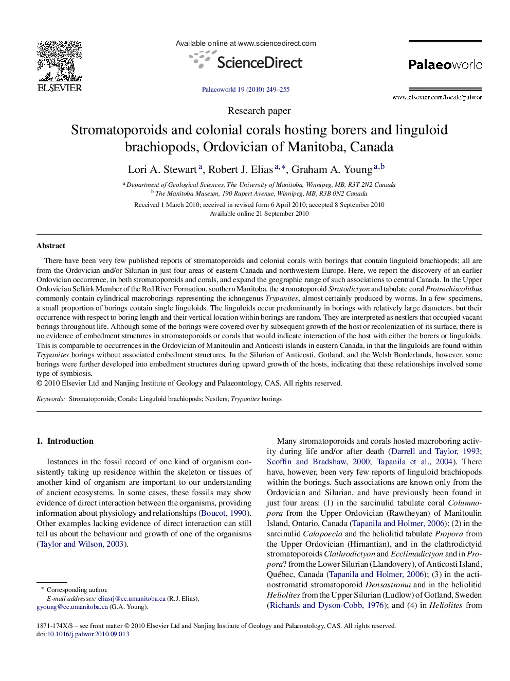 Stromatoporoids and colonial corals hosting borers and linguloid brachiopods, Ordovician of Manitoba, Canada