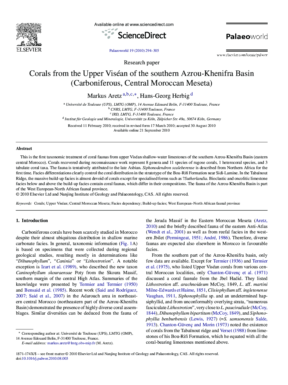 Corals from the Upper Viséan of the southern Azrou-Khenifra Basin (Carboniferous, Central Moroccan Meseta)