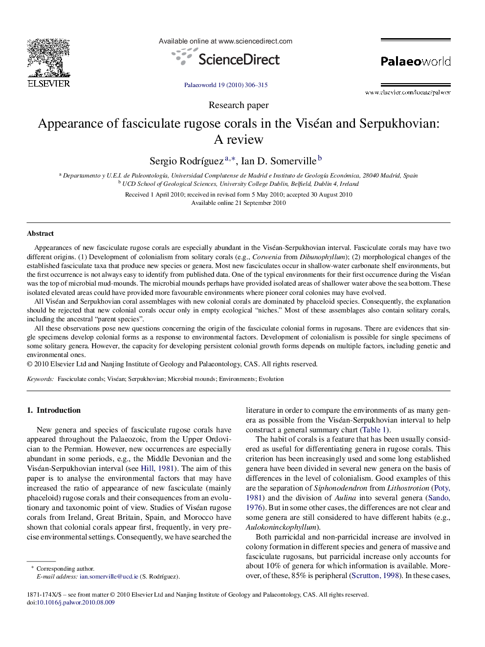 Appearance of fasciculate rugose corals in the Viséan and Serpukhovian: A review