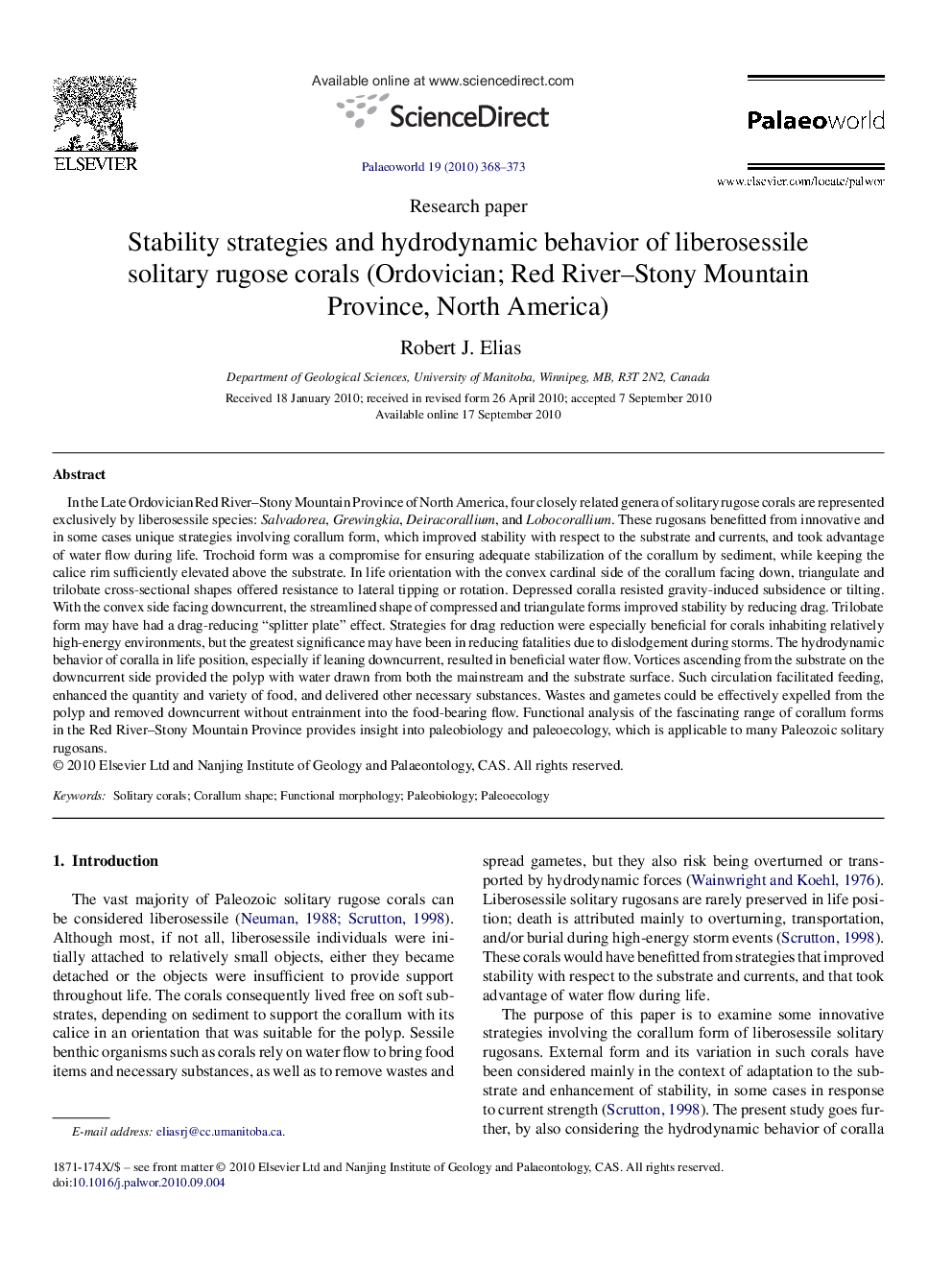 Stability strategies and hydrodynamic behavior of liberosessile solitary rugose corals (Ordovician; Red River-Stony Mountain Province, North America)