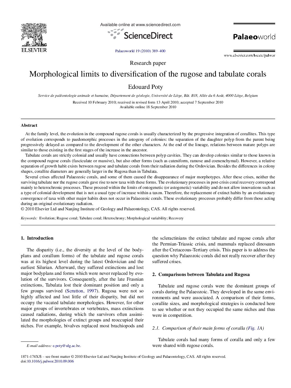 Morphological limits to diversification of the rugose and tabulate corals