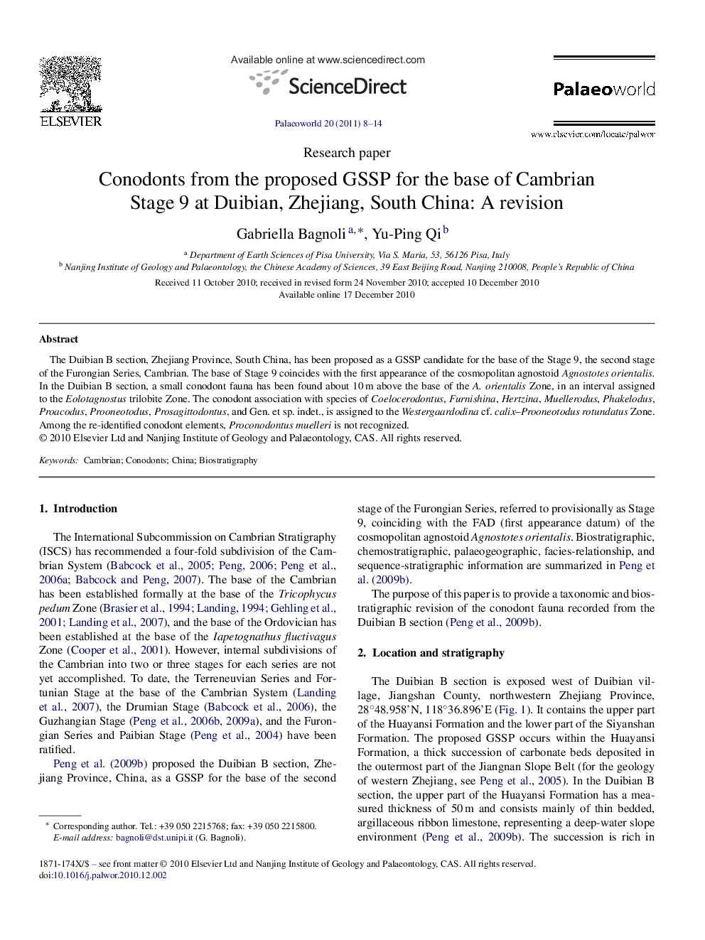 Conodonts from the proposed GSSP for the base of Cambrian Stage 9 at Duibian, Zhejiang, South China: A revision