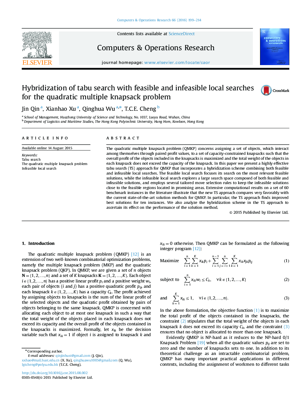 Hybridization of tabu search with feasible and infeasible local searches for the quadratic multiple knapsack problem