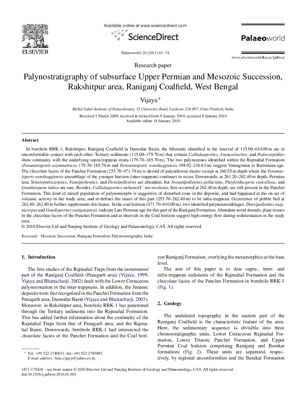 Palynostratigraphy of subsurface Upper Permian and Mesozoic Succession, Rakshitpur area, Raniganj Coalfield, West Bengal
