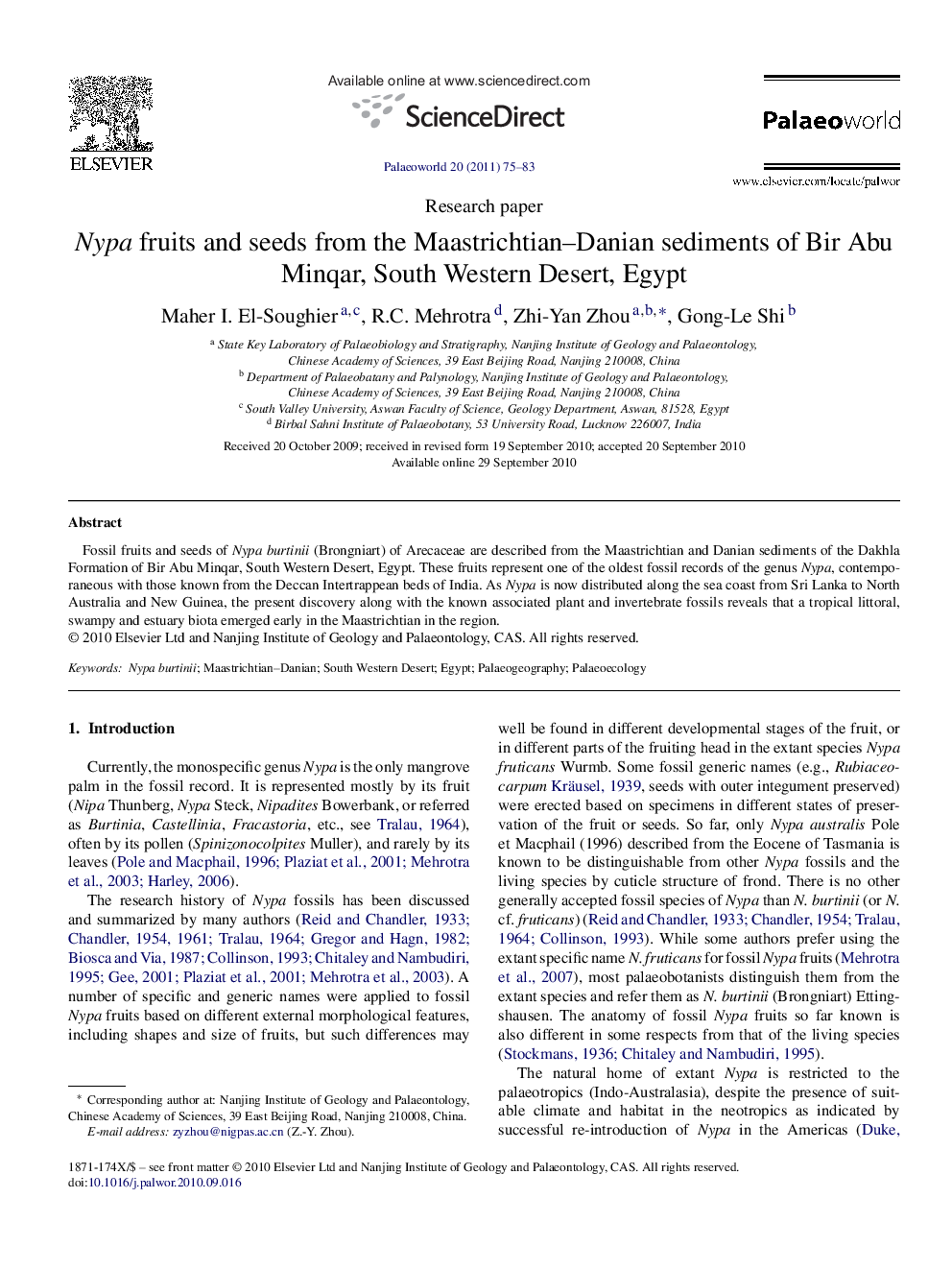 Nypa fruits and seeds from the Maastrichtian–Danian sediments of Bir Abu Minqar, South Western Desert, Egypt