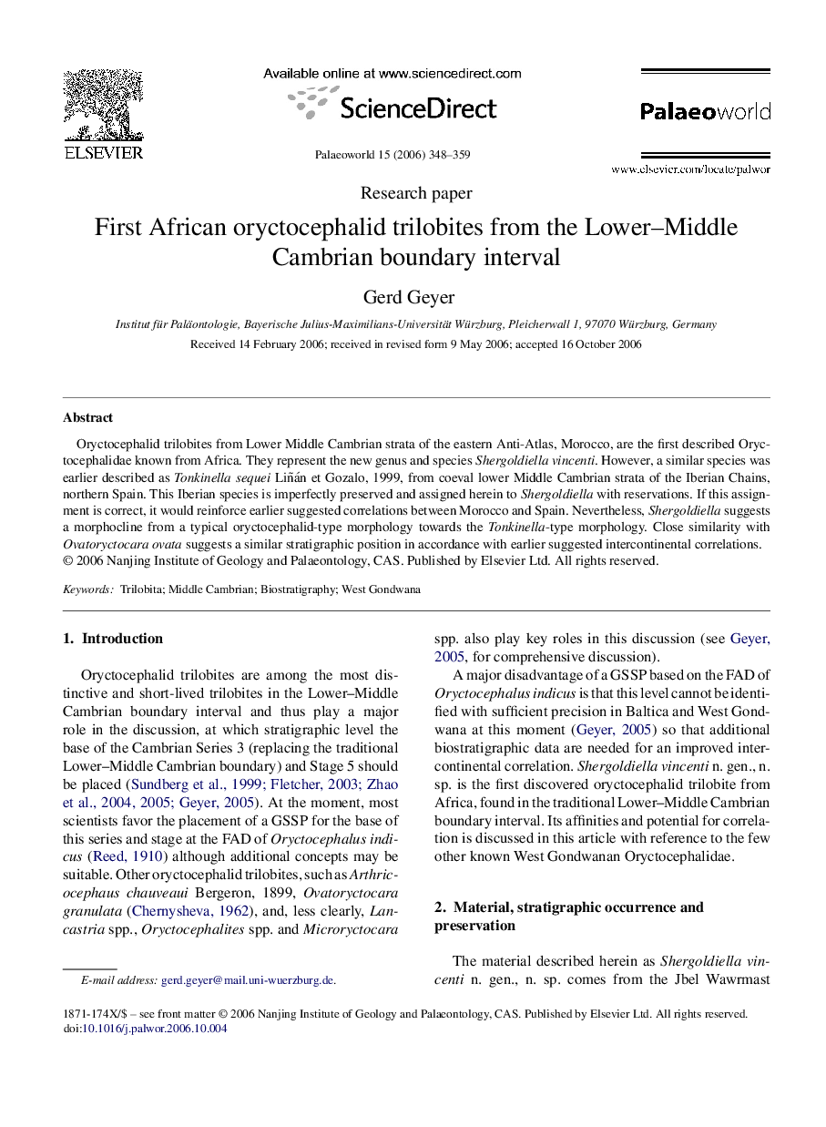 First African oryctocephalid trilobites from the Lower–Middle Cambrian boundary interval