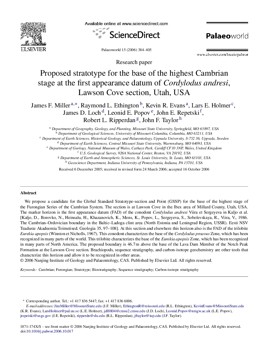 Proposed stratotype for the base of the highest Cambrian stage at the first appearance datum of Cordylodus andresi, Lawson Cove section, Utah, USA