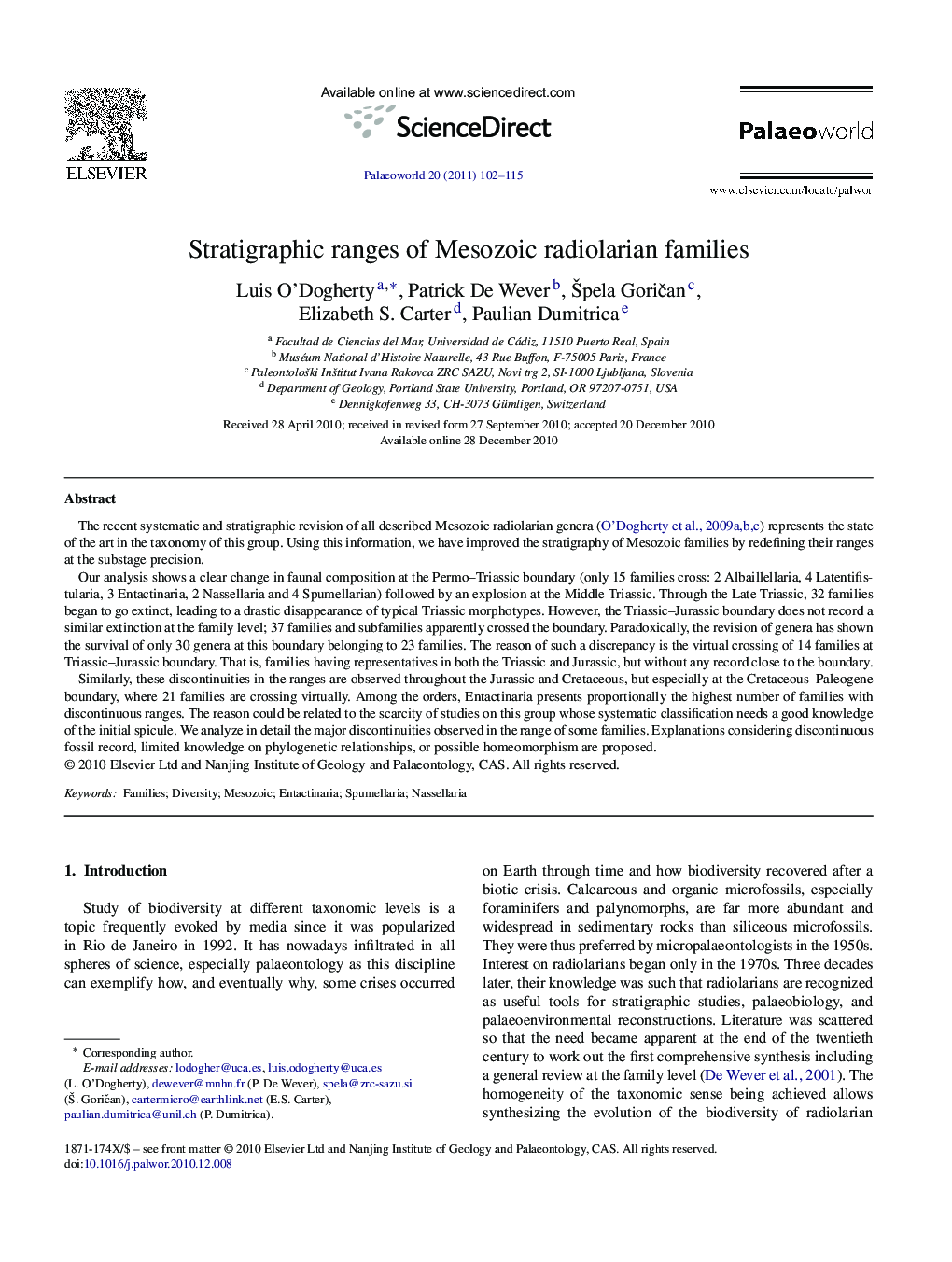 Stratigraphic ranges of Mesozoic radiolarian families