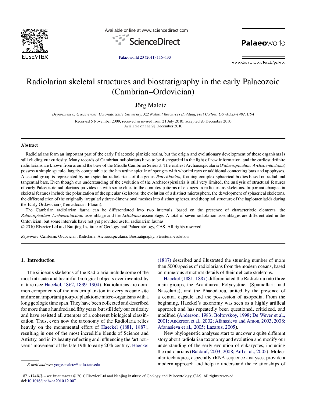 Radiolarian skeletal structures and biostratigraphy in the early Palaeozoic (Cambrian–Ordovician)