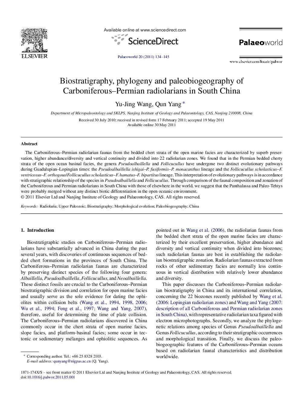 Biostratigraphy, phylogeny and paleobiogeography of Carboniferous–Permian radiolarians in South China