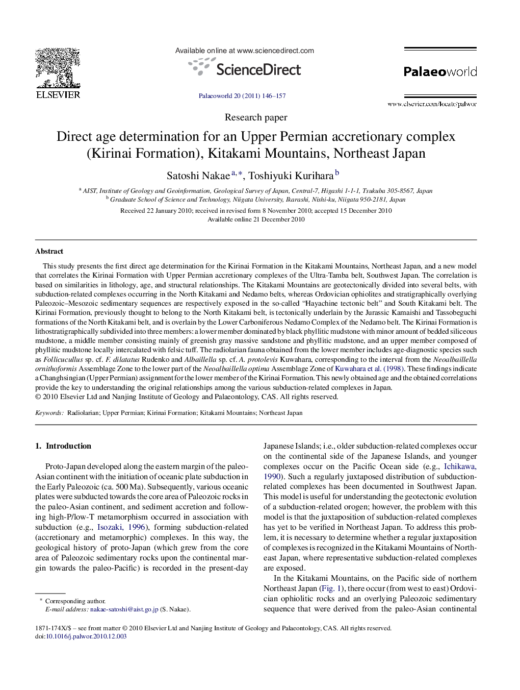 Direct age determination for an Upper Permian accretionary complex (Kirinai Formation), Kitakami Mountains, Northeast Japan