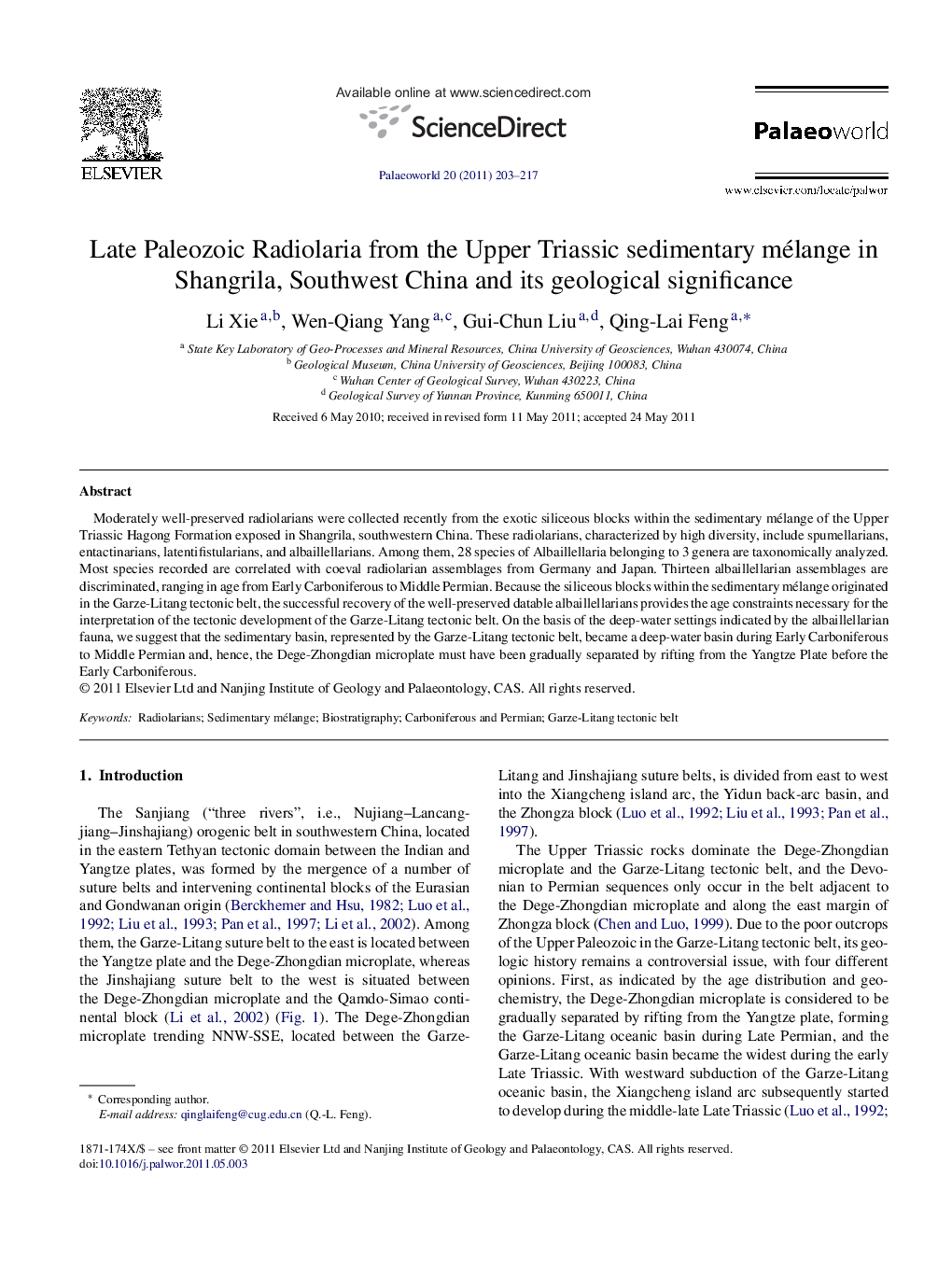 Late Paleozoic Radiolaria from the Upper Triassic sedimentary mélange in Shangrila, Southwest China and its geological significance