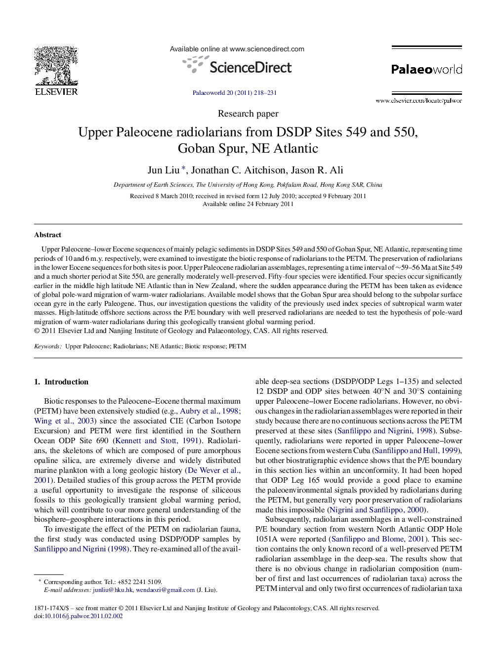 Upper Paleocene radiolarians from DSDP Sites 549 and 550, Goban Spur, NE Atlantic