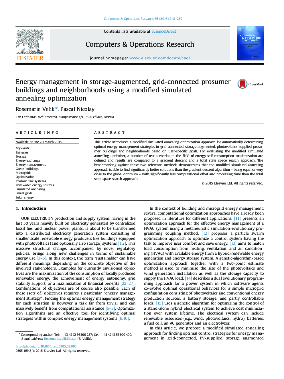Energy management in storage-augmented, grid-connected prosumer buildings and neighborhoods using a modified simulated annealing optimization