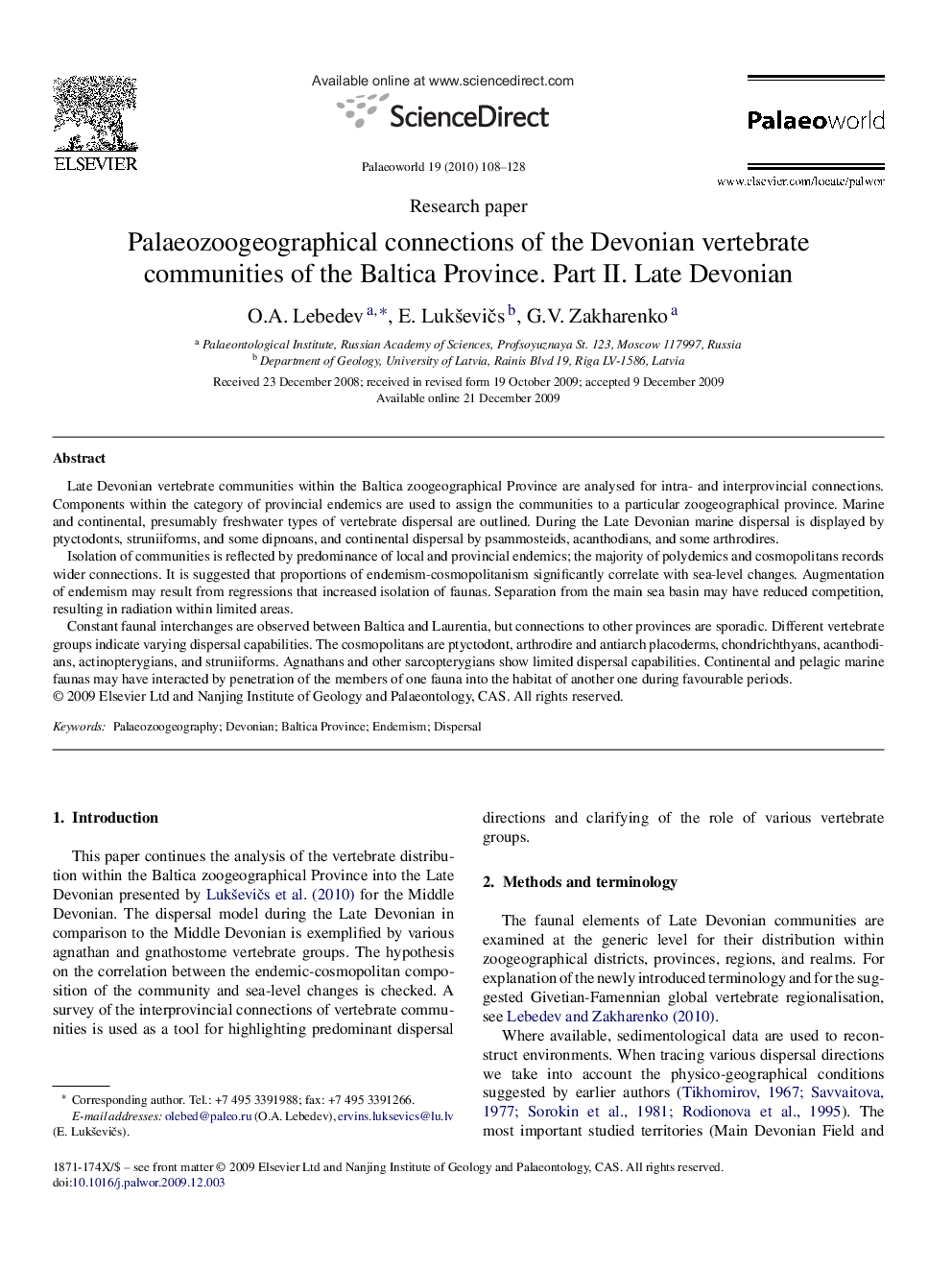 Palaeozoogeographical connections of the Devonian vertebrate communities of the Baltica Province. Part II. Late Devonian