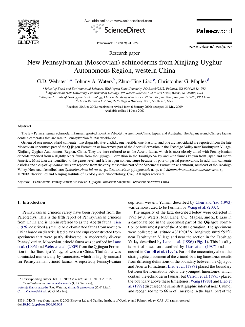 New Pennsylvanian (Moscovian) echinoderms from Xinjiang Uyghur Autonomous Region, western China