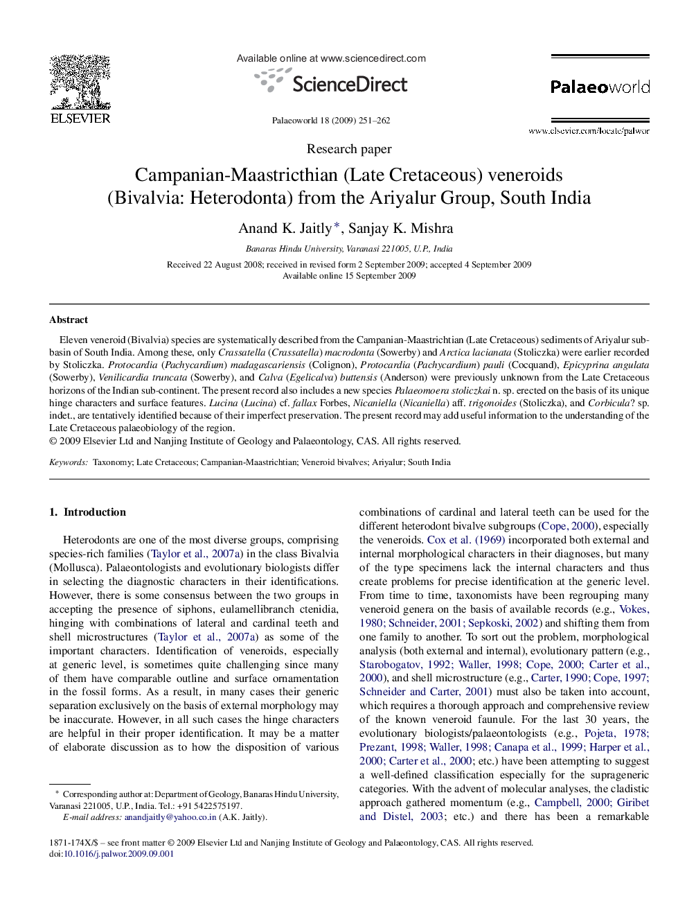 Campanian-Maastricthian (Late Cretaceous) veneroids (Bivalvia: Heterodonta) from the Ariyalur Group, South India