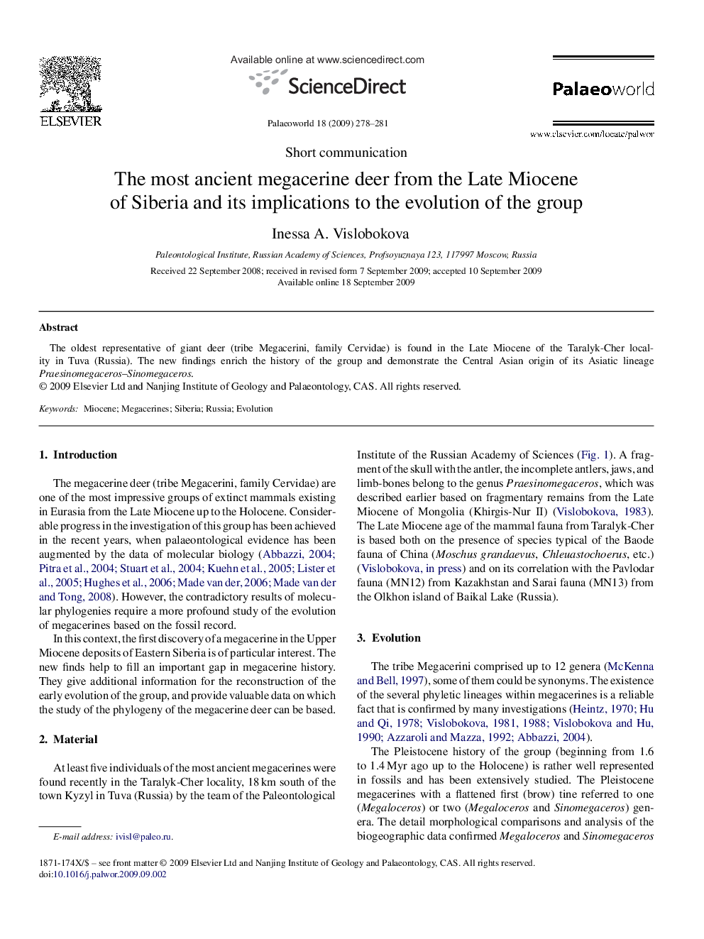 The most ancient megacerine deer from the Late Miocene of Siberia and its implications to the evolution of the group