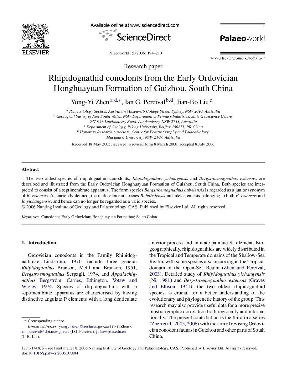 Rhipidognathid conodonts from the Early Ordovician Honghuayuan Formation of Guizhou, South China