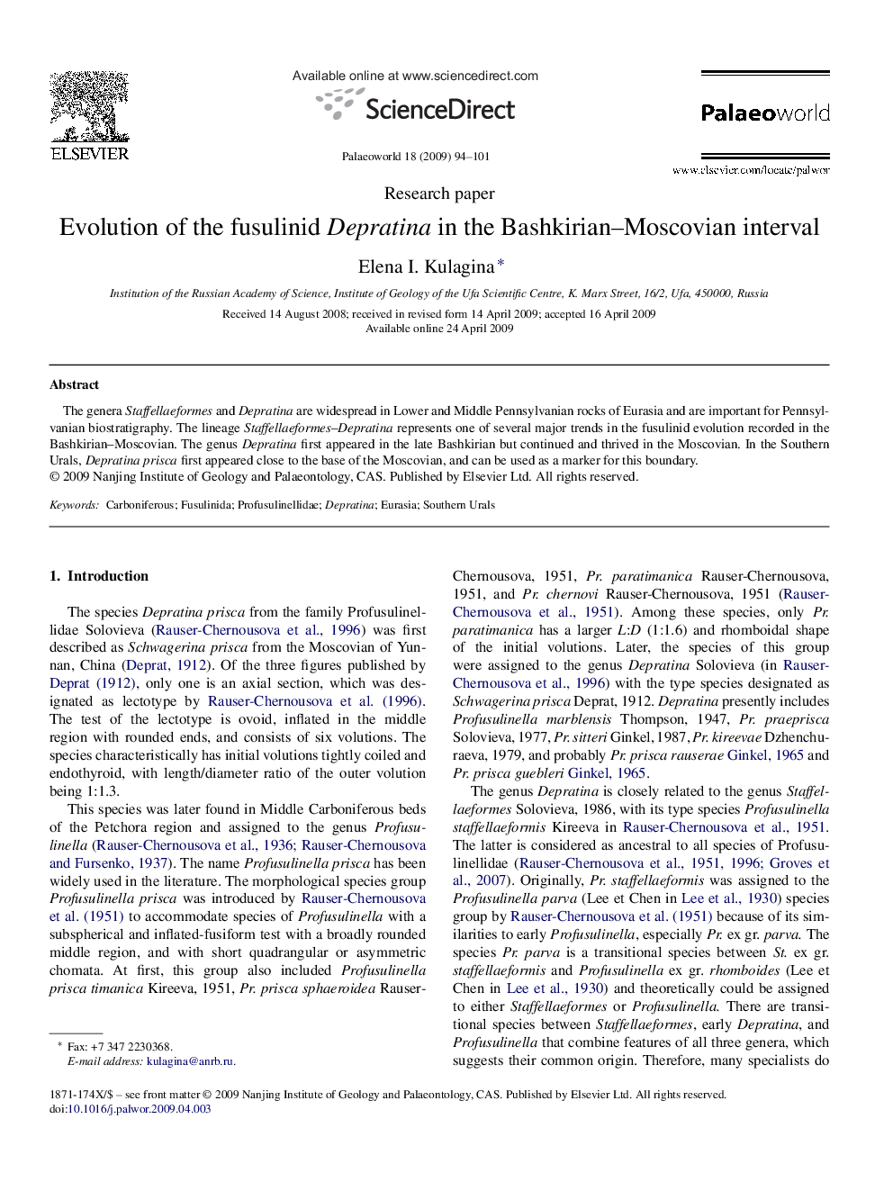 Evolution of the fusulinid Depratina in the Bashkirian-Moscovian interval