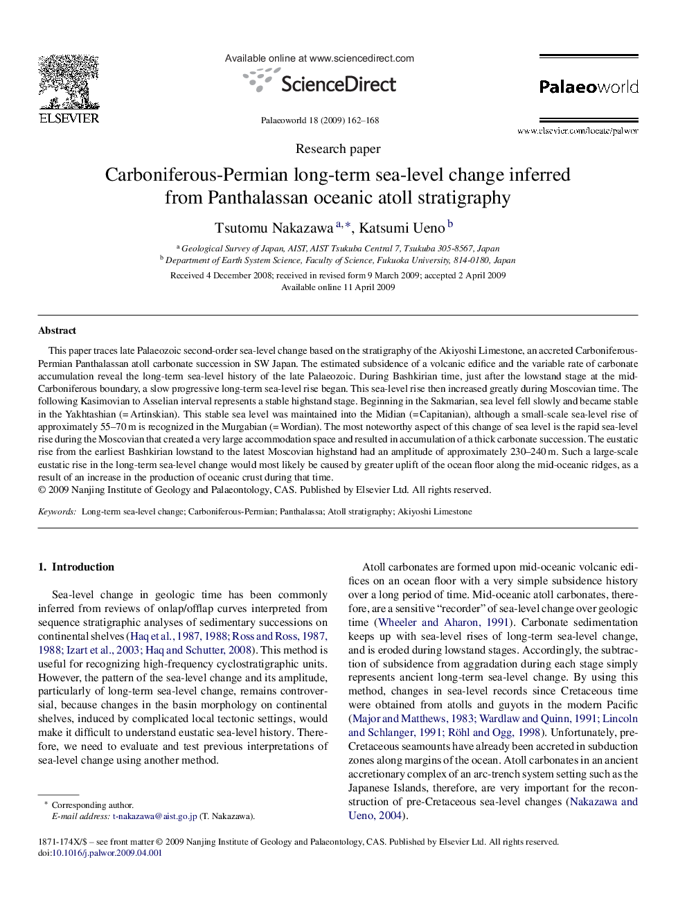 Carboniferous-Permian long-term sea-level change inferred from Panthalassan oceanic atoll stratigraphy