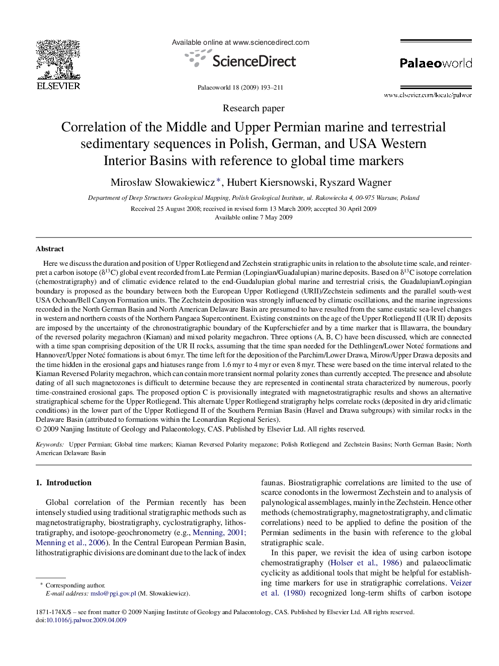 Correlation of the Middle and Upper Permian marine and terrestrial sedimentary sequences in Polish, German, and USA Western Interior Basins with reference to global time markers