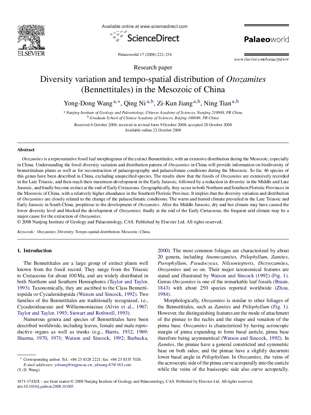 Diversity variation and tempo-spatial distribution of Otozamites (Bennettitales) in the Mesozoic of China