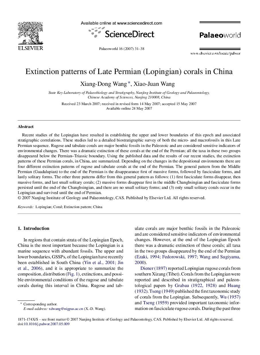 Extinction patterns of Late Permian (Lopingian) corals in China