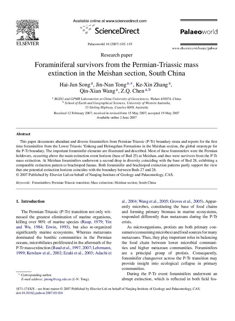 Foraminiferal survivors from the Permian-Triassic mass extinction in the Meishan section, South China