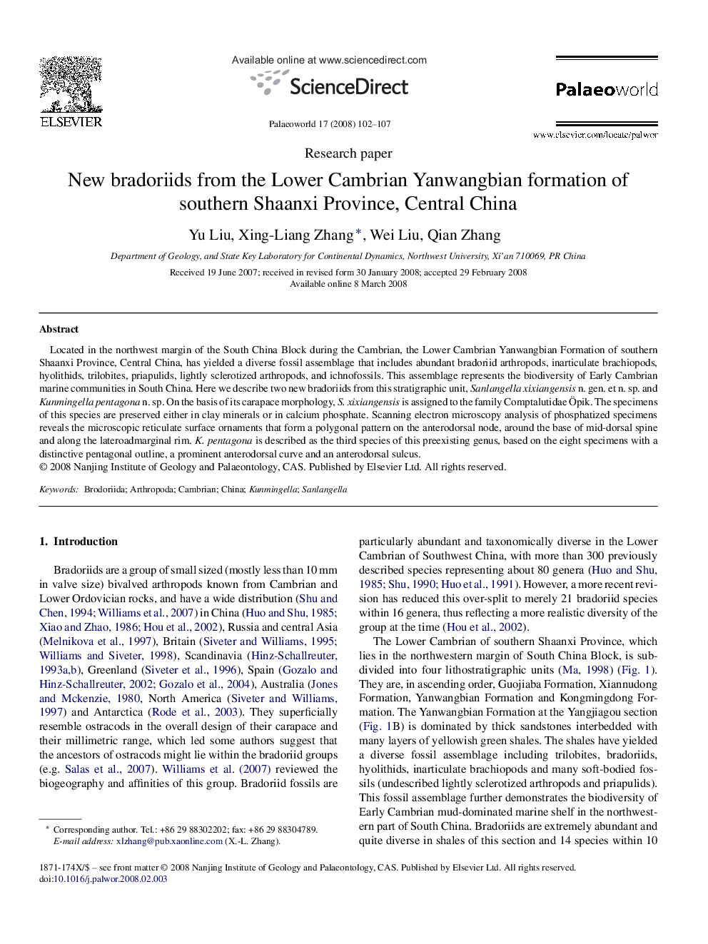 New bradoriids from the Lower Cambrian Yanwangbian formation of southern Shaanxi Province, Central China