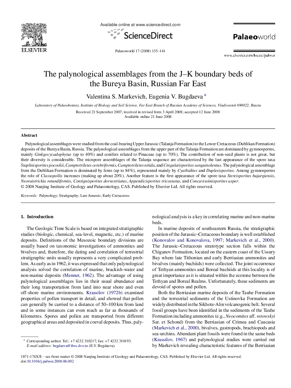 The palynological assemblages from the J-K boundary beds of the Bureya Basin, Russian Far East