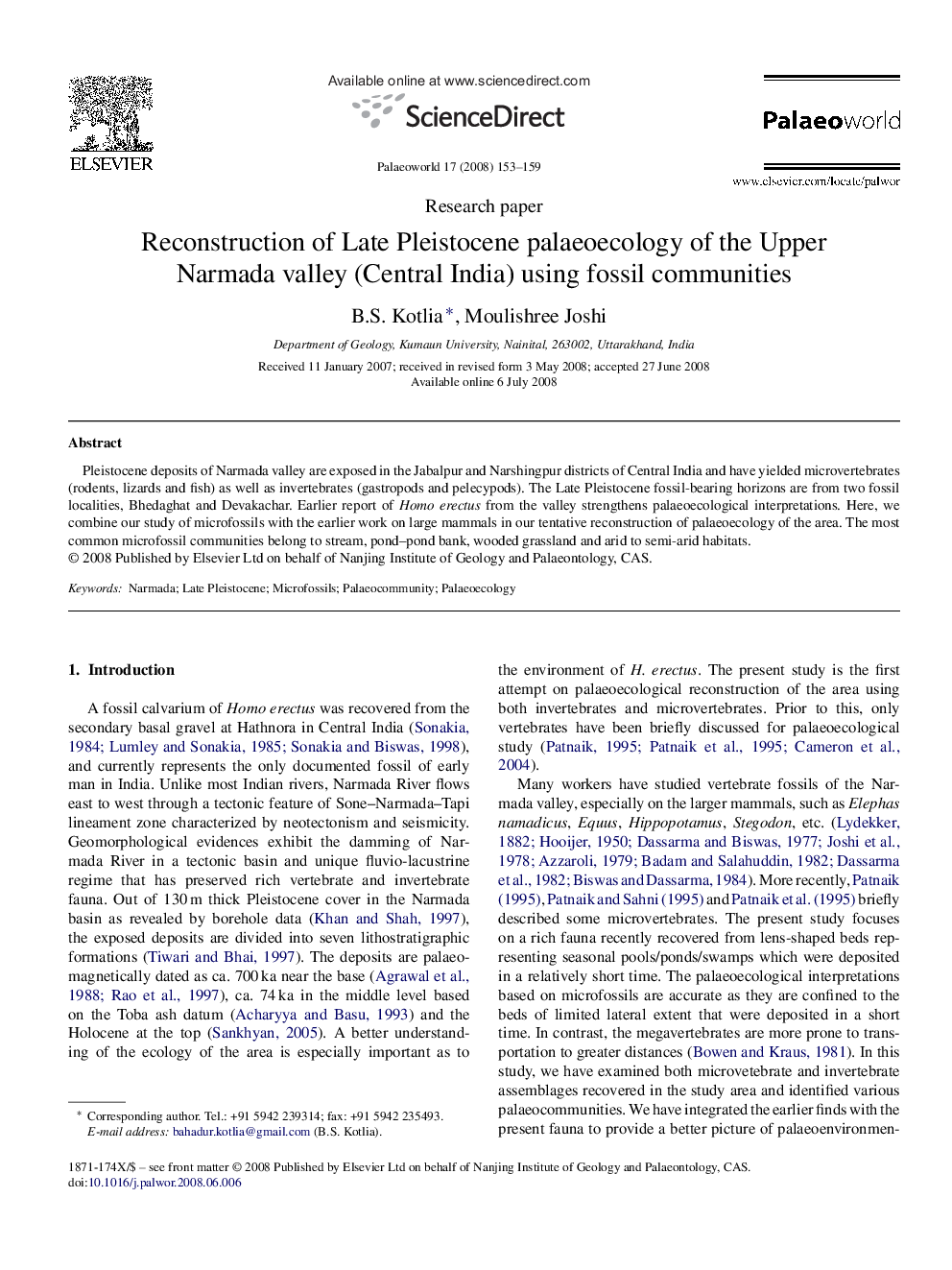 Reconstruction of Late Pleistocene palaeoecology of the Upper Narmada valley (Central India) using fossil communities