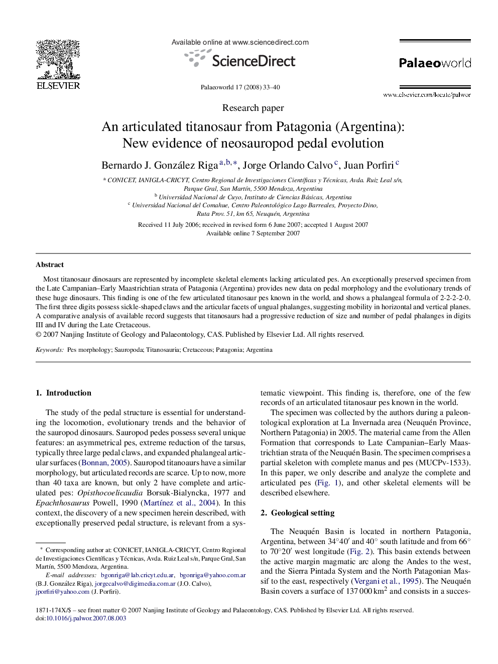 An articulated titanosaur from Patagonia (Argentina): New evidence of neosauropod pedal evolution