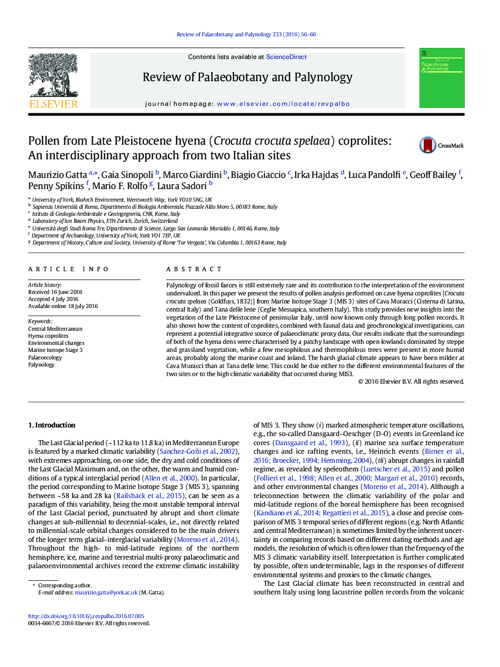 Pollen from Late Pleistocene hyena (Crocuta crocuta spelaea) coprolites: An interdisciplinary approach from two Italian sites