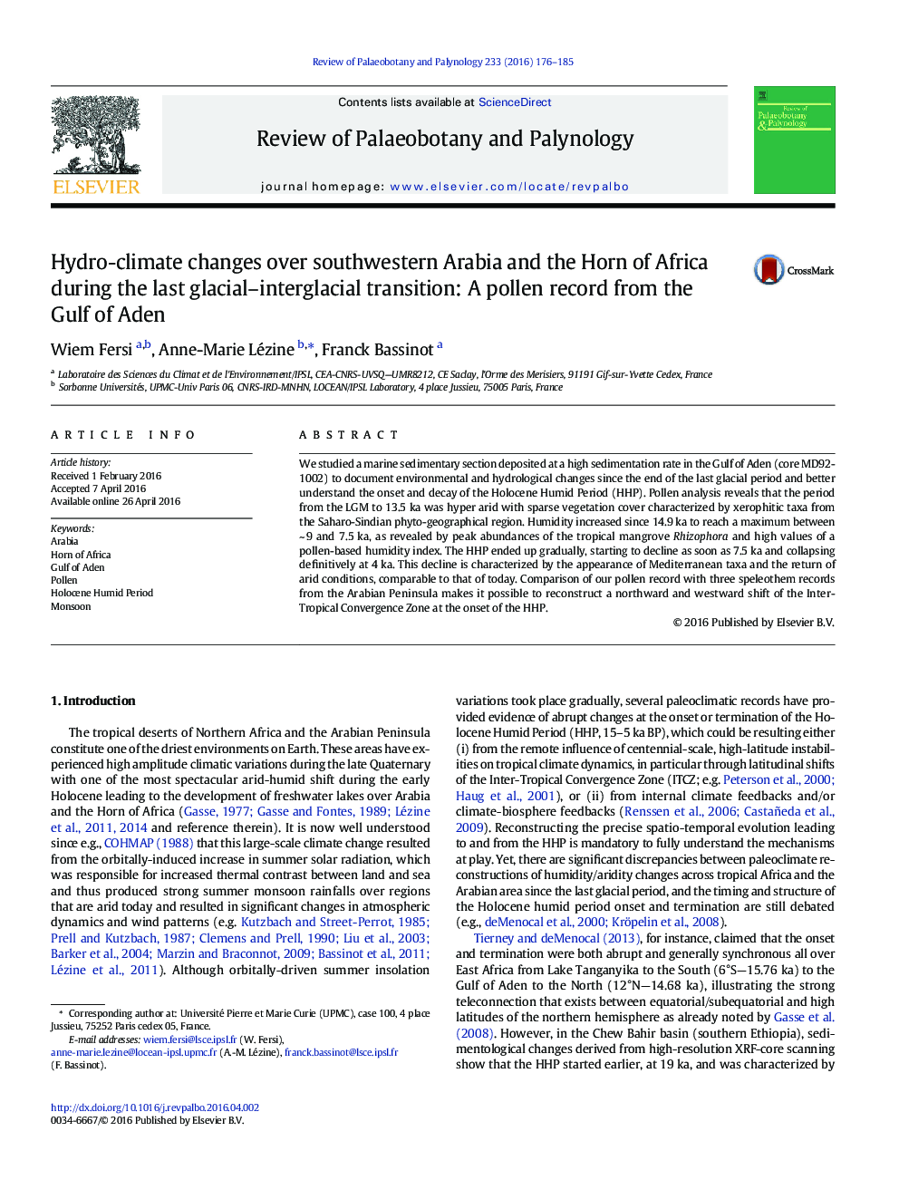 Hydro-climate changes over southwestern Arabia and the Horn of Africa during the last glacial–interglacial transition: A pollen record from the Gulf of Aden