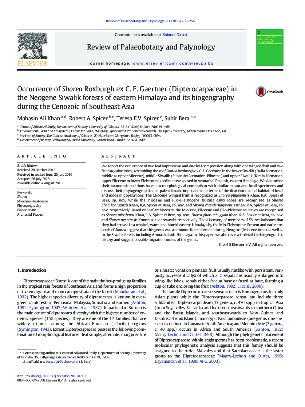 Occurrence of Shorea Roxburgh ex C. F. Gaertner (Dipterocarpaceae) in the Neogene Siwalik forests of eastern Himalaya and its biogeography during the Cenozoic of Southeast Asia